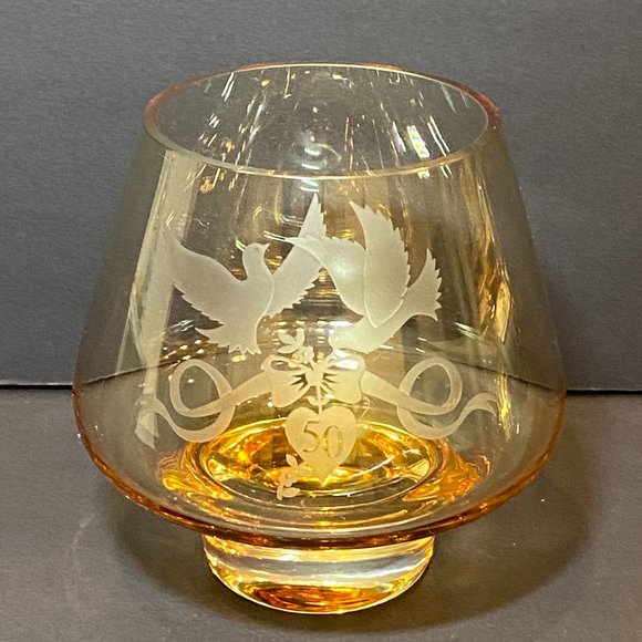Vintage Amber Golden Anniversary Celebration Glass Bowl 50th Birds Etching - Picture 2 of 6